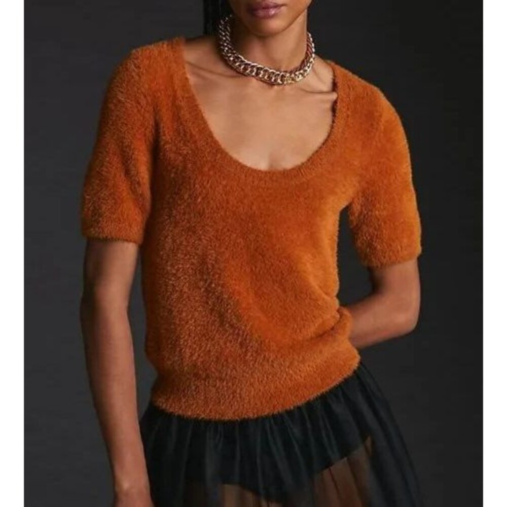 Anthropologie Maeve Scoop Neck Eyelash Sweater Tee Cedar Sz. Small